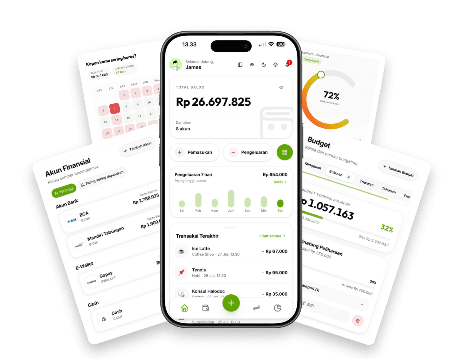 Preview dashboard Fundy di HP — saldo, budget, akun finansial, dan transaksi